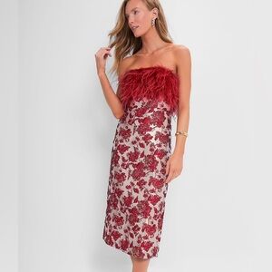 HYACINTH HOUSE Red Jacquard Feathered Reina Midi Dress